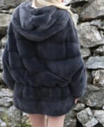 Womens Navy Blue Mink Fur Hooded Jacket
