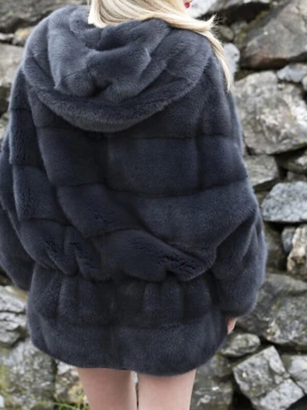 Womens Navy Blue Mink Fur Hooded Jacket