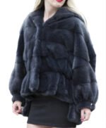 Womens Navy Blue Mink Fur Hooded Jacket