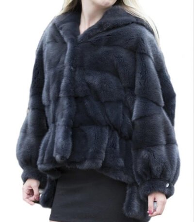 Womens Navy Blue Mink Fur Hooded Jacket