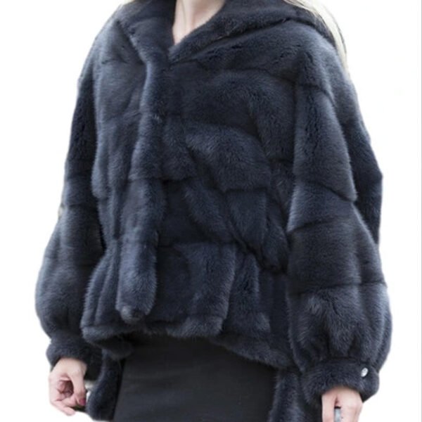 Womens Navy Blue Mink Fur Hooded Jacket