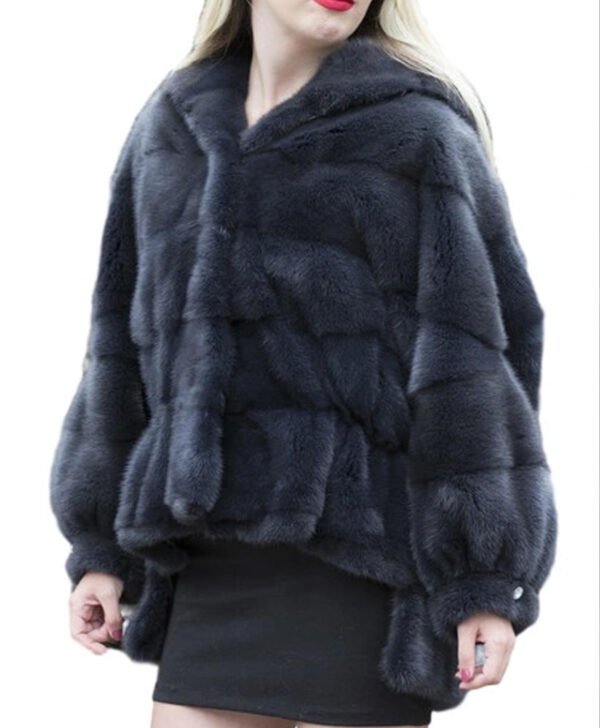 Womens Navy Blue Mink Fur Hooded Jacket