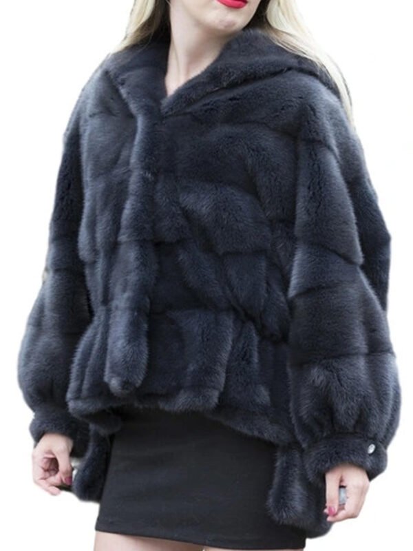 Womens Navy Blue Mink Fur Hooded Jacket