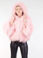Womens Pink Mongolian Lamb Fur Soft Coat With Hood