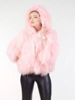 Womens Pink Mongolian Lamb Fur Soft Coat With Hood
