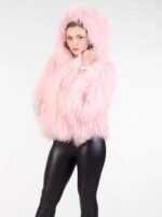 Womens Pink Mongolian Lamb Fur Soft Coat With Hood