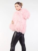Womens Pink Mongolian Lamb Fur Soft Coat With Hood
