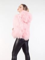 Womens Pink Mongolian Lamb Fur Soft Coat With Hood