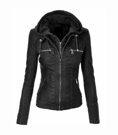 Womens Real Leather Biker Slim Fit Hooded Motorcycle Jacket