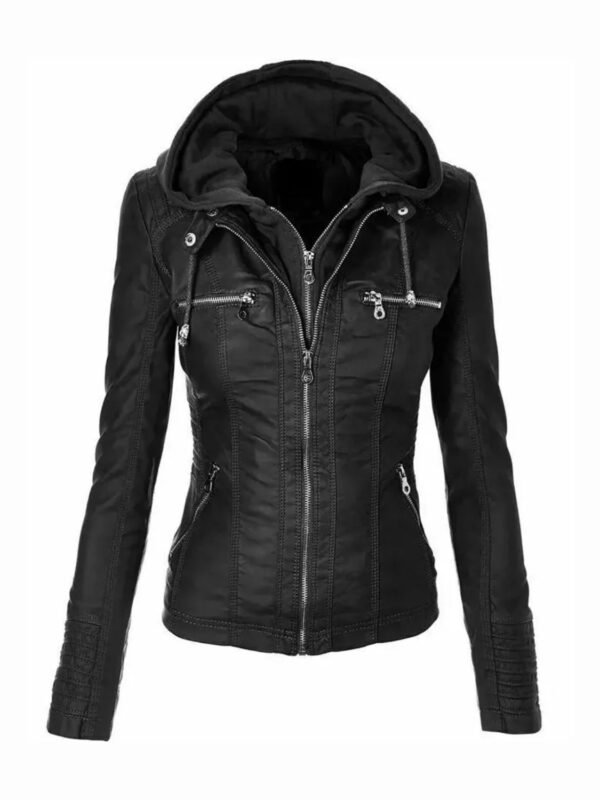 Womens Real Leather Biker Slim Fit Hooded Motorcycle Jacket