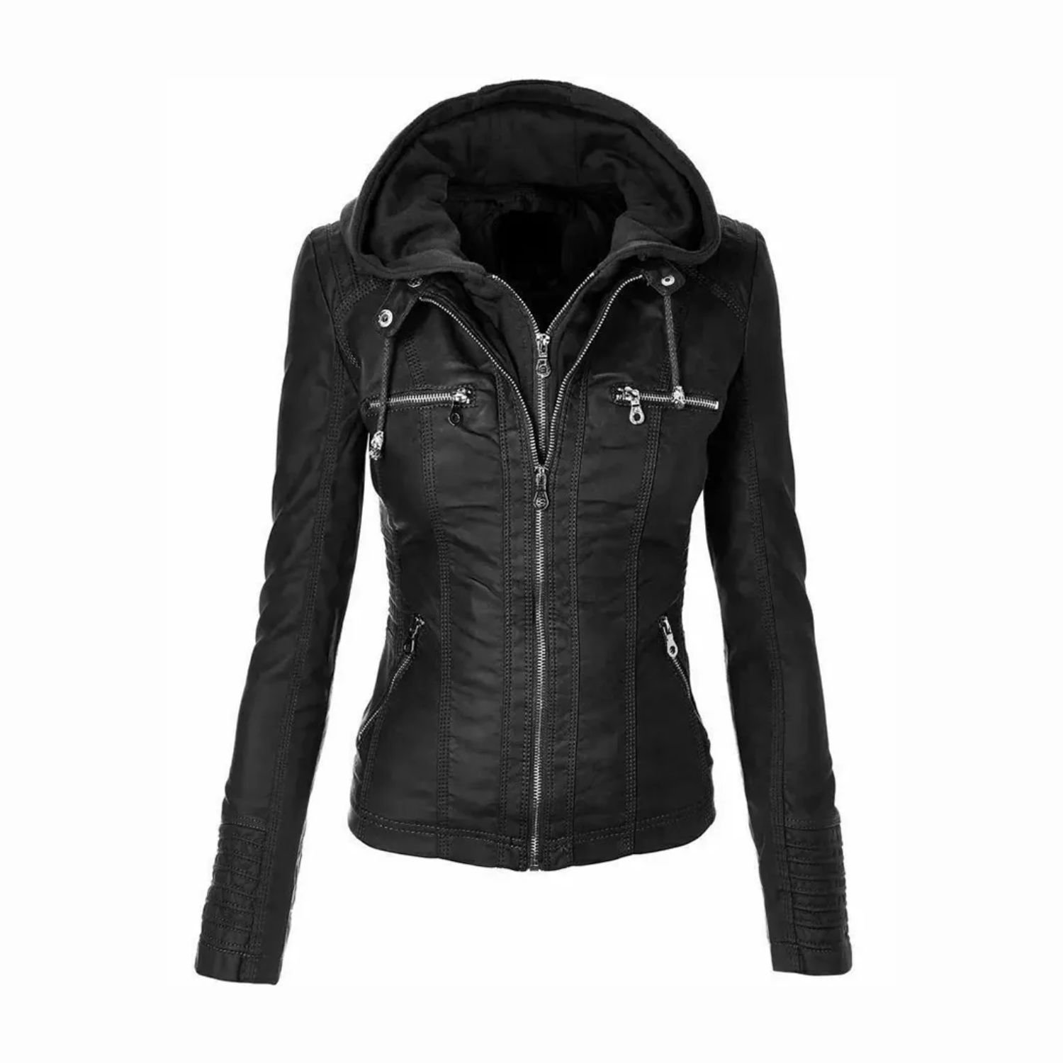 Womens Real Leather Biker Slim Fit Hooded Motorcycle Jacket Womens Real Leather Biker Slim Fit Hooded Motorcycle Jacket