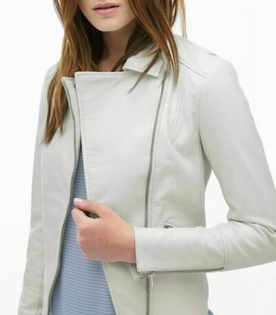 Womens Soft Lambskin White Asymmetrical Biker Leather Jacket
