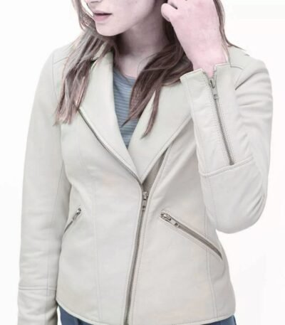 Womens Soft Lambskin White Asymmetrical Biker Leather Jacket
