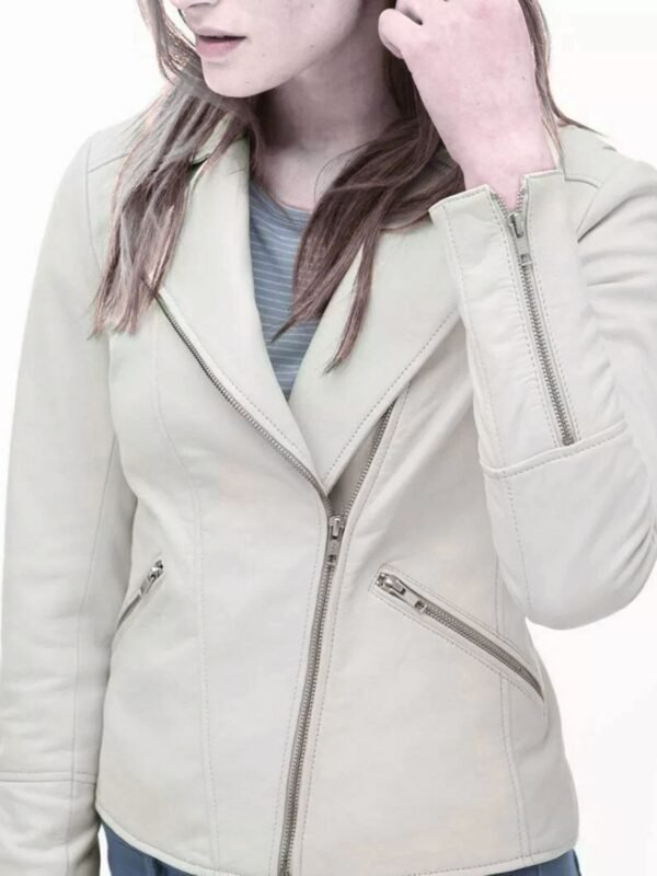 Womens Soft Lambskin White Asymmetrical Biker Leather Jacket