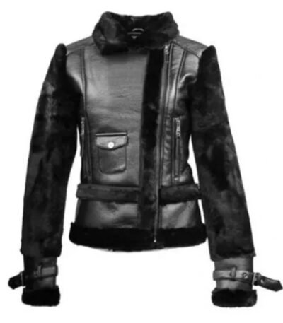 Womens Top Gun Asymmetrical Black Fur Slim Fit Leather Jacket