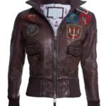 Womens Top Gun Dark Brown Cropped Bomber Leather Jacket