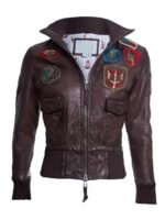 Womens Top Gun Dark Brown Cropped Bomber Leather Jacket