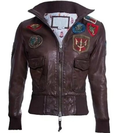Womens Top Gun Dark Brown Cropped Bomber Leather Jacket