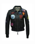 Womens Top Gun Flight Bomber Black Leather Sherpa Jacket