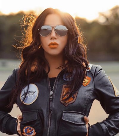 Womens Top Gun Flight Bomber Black Leather Sherpa Jacket