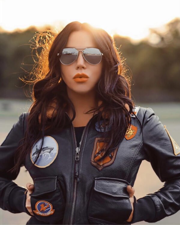 Womens Top Gun Flight Bomber Black Leather Sherpa Jacket