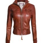 Womens Top Gun Vintage Zip Up Brown Cropped Bomber Jacket