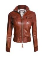 Womens Top Gun Vintage Zip Up Brown Cropped Bomber Jacket