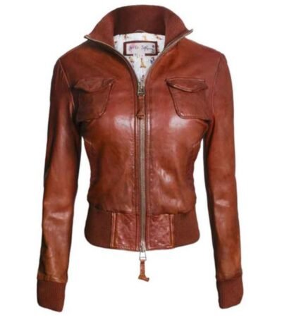 Womens Top Gun Vintage Zip Up Brown Cropped Bomber Jacket