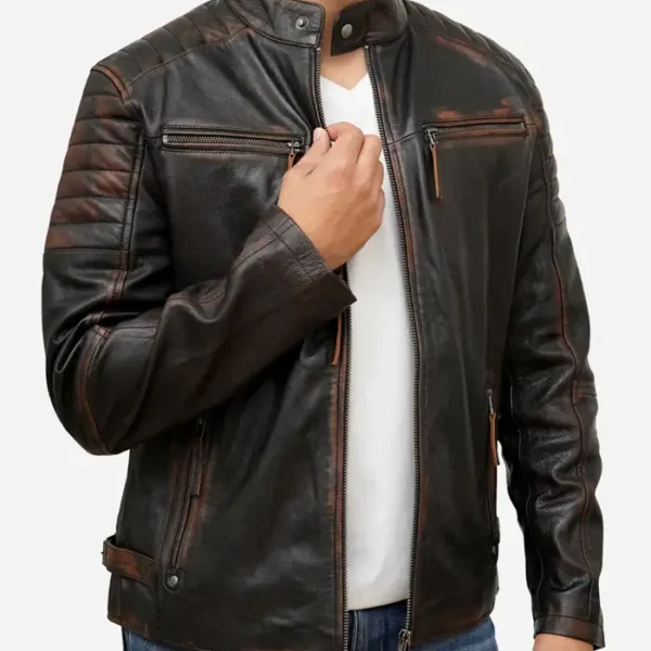  Janan Cafe Racer Distressed Brown Leather Jacket