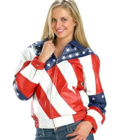 American Flag Shirt Style Collar Women Leather Jacket