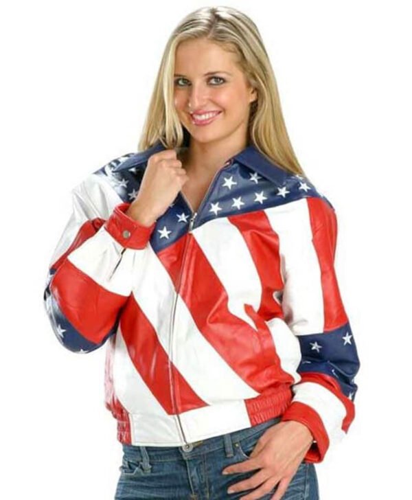 American Flag Shirt Style Collar Women Leather Jacket