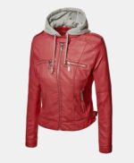 Slim Fit Hooded Red Leather Jacket