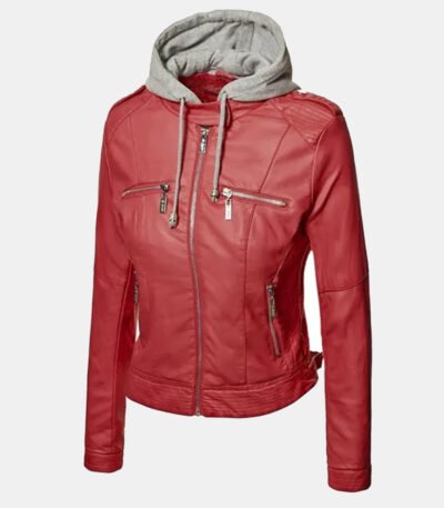 Slim Fit Hooded Red Leather Jacket