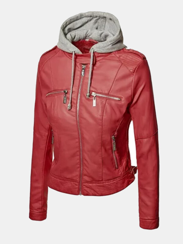 Slim Fit Hooded Red Leather Jacket