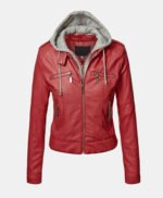 Slim Fit Hooded Red Leather Jacket