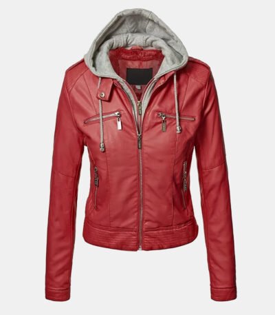 Slim Fit Hooded Red Leather Jacket