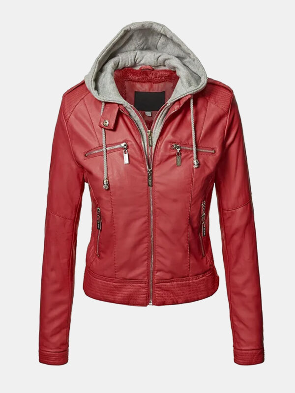 Slim Fit Hooded Red Leather Jacket