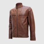 Snap Tab Collar Classic Mens Brown Leather Jacket