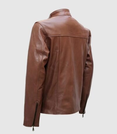 Snap Tab Collar Classic Mens Brown Leather Jacket