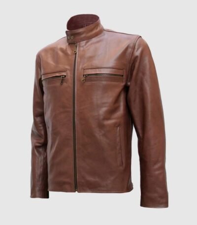 Snap Tab Collar Classic Mens Brown Leather Jacket