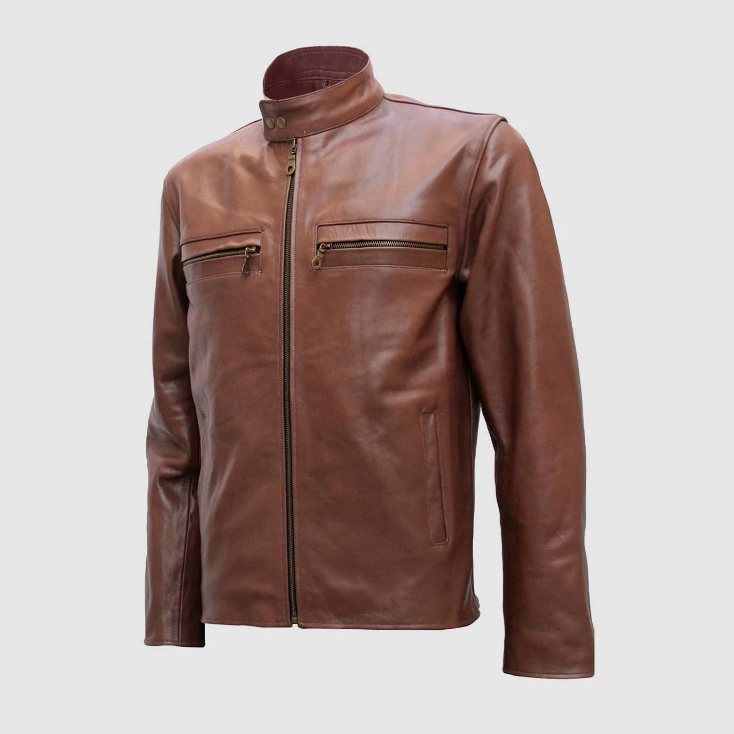 Snap Tab Collar Classic Mens Brown Leather Jacket Snap Tab Collar Classic Mens Brown Leather Jacket