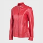 Snap Tab Collar Womens Red Sheepskin Leather Jacket