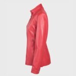 Snap Tab Collar Womens Red Sheepskin Leather Jacket