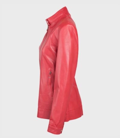 Snap Tab Collar Womens Red Sheepskin Leather Jacket