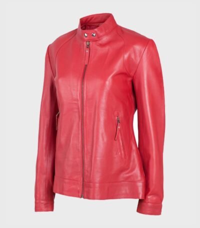 Snap Tab Collar Womens Red Sheepskin Leather Jacket