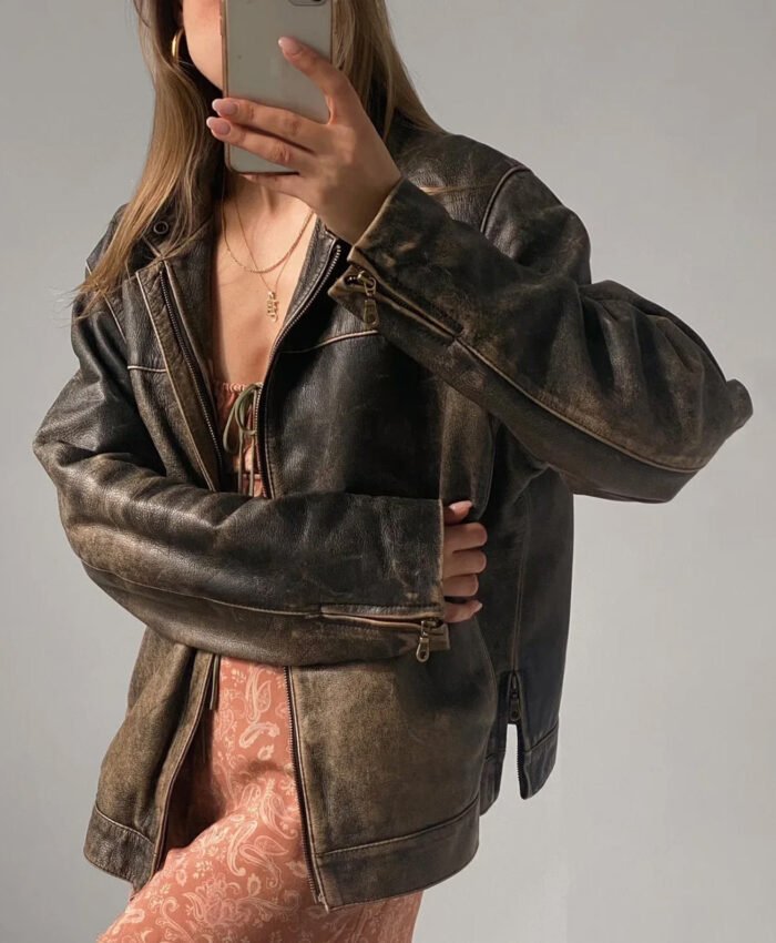 90's Women Vintage Oversized Straight Leather Jacket