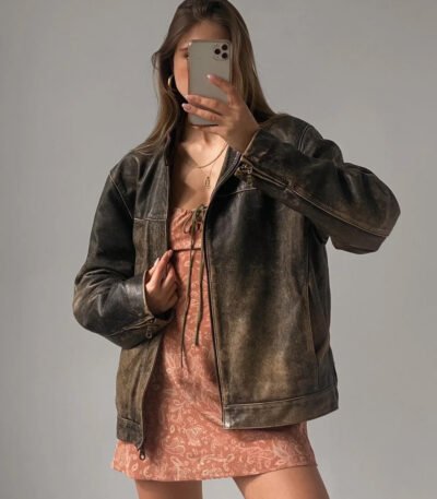 90's Women Vintage Oversized Straight Leather Jacket