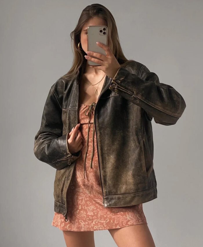 90's Women Vintage Oversized Straight Leather Jacket