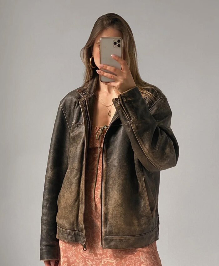 90's Women Vintage Oversized Straight Leather Jacket