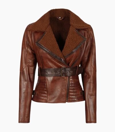 Asymmetrical Ladies Motorcycle Genuine Shearling Leather Jacket